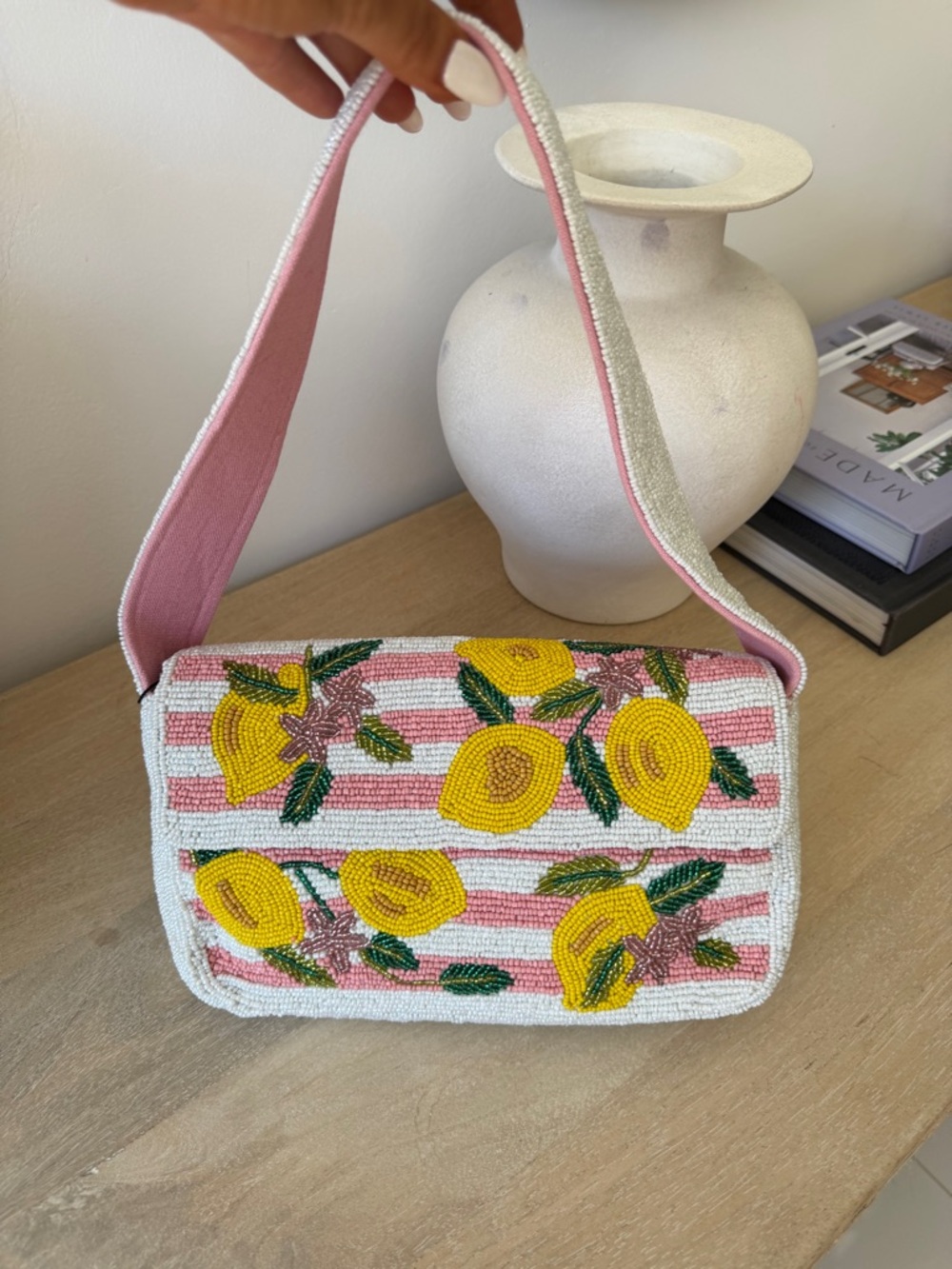 Beaded Lemon Floral Shoulder Bag in Pink and Yellow